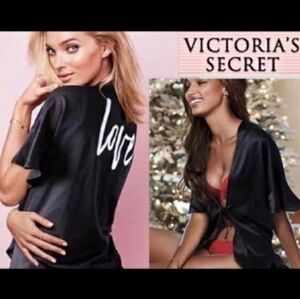 women's Victoria's Secret Black "Love" Ruffle Kimono Satin Robe OS, lingerie